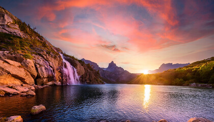 sunset over a serene lake surrounded by tall mountains and rocky cliffs with a flowing waterfall and vibrant colorful sky