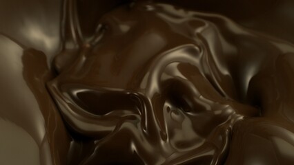 Macro shot of premium dark chocolate pouring. Freeze motion, splashing melted chocolate background.