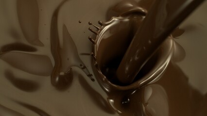 Macro shot of premium dark chocolate pouring. Freeze motion, splashing melted chocolate background.