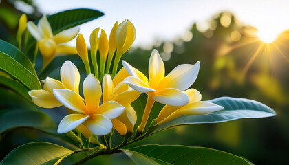 Naklejka premium Ylangylang Yellow White Plumeria Flowers Blooming Tropical Morning Su