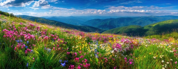 A vibrant hillside meadow bursting with colorful wildflowers, set against a backdrop of rolling green mountains and a partly cloudy blue sky