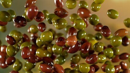 Freeze motion of flying fresh olives, isolated on gradient background.