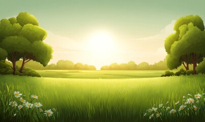 A serene, cartoon illustration of a vibrant green meadow with wildflowers, trees, and a radiant sun rising over a distant line of green trees