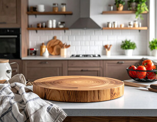 Wooden cutting board on kitchen island with vegetables