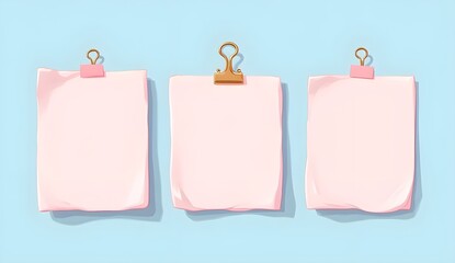 Vector Office Supplies - Pink Notes with Golden Paper Clip on Light Blue Background