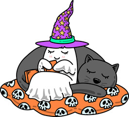 Halloween Witch Ghost with Cat Sleeping Illustration