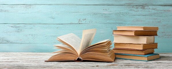Open book with flipping pages stands next to a stack of books, on weathered light-colored wood in front of pale aqua wood planks
