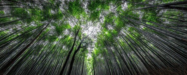 A low-angle shot showcases soaring bamboo stalks, their vivid green canopies meeting high above to form a vibrant natural ceiling of light