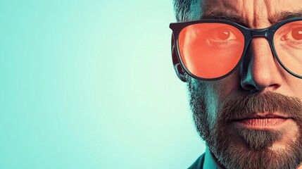 Bearded man looks with glasses with colored lens. Intense gaze in green and orange ambience. Serious adult face close up on vivid background.