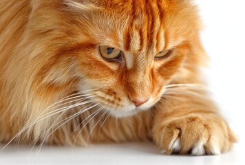 Close-up of a ginger cat, gazing downward, showing its face, fur, whiskers, and paw against a white background