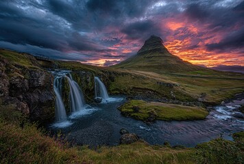 Mountain peak, waterfalls, and river converge beneath fiery twilight, creating a scenic view amidst vibrant flora and dynamic skies