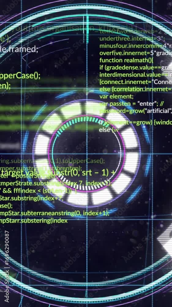 Poster coding animation on futuristic circular interface over digital background