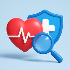 3d red heart with ecg line magnified by blue lens in front of medical shield symbol healthcare concept