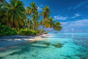 Turquoise waters lap a white sand beach, fringed with swaying palms under a bright blue sky on a serene tropical island