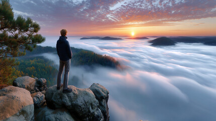 A traveler stands on a rocky cliff, gazing at the breathtaking sunrise over a vast sea of mist. Rolling fog blankets the valleys and forests below, while the sun’s golden light illuminates the sky wit