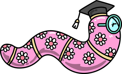 Retro Groovy Bookworm Wearing Graduation Cap Illustration