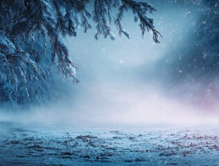 A snow-covered ground meets a frosty, blue-toned forest under snowfall, capturing serene winter beauty in a cool, ethereal atmosphere