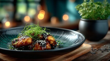 Glazed chicken wings topped with sesame seeds and scallions in modern minimalistic food styling with copy space 