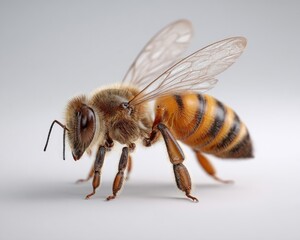 Close-up of a honeybee with clear wings, showing its fuzzy body and segmented abdomen, on a soft grey background