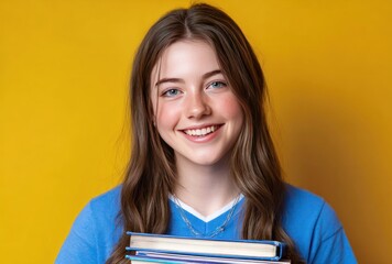 Smiling girl with long brown hair holds stack of books. Bright yellow background. Wears blue shirt and silver necklace