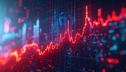 Stock Market Dynamics: A vibrant visualization of financial market activity, showcasing the volatile trends of the stock market through a dynamic, digitally enhanced data representation. 