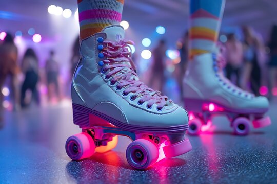 Neon roller skates in motion at a disco-themed party, bringing the energetic and colorful vibe of 90s roller rinks back to life.