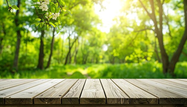 A rustic wooden plank surface sits serenely before a vibrant out-of-focus green forest scene, filled with sunlight filtering through the trees and blossoming spring flowers.