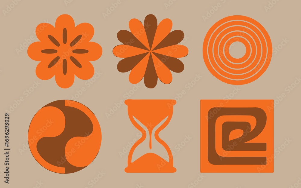 Poster Abstract geometric shapes and patterns in orange and brown on a beige background