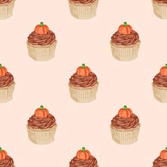 Seamless pattern of pumpkin cupcakes