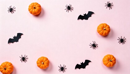 Halloween Flat Lay: Pumpkins, Bats, and Spiders on Pink