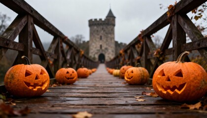 Jack-o'-lanterns on a Bridge Leading to a Castle