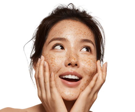 Young woman with a facial scrub, happy with her skincare routine.