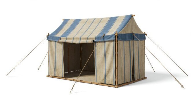 Ancient blue and white striped desert tent. Nomadic dwelling structure. Biblical era and old world travel concept.