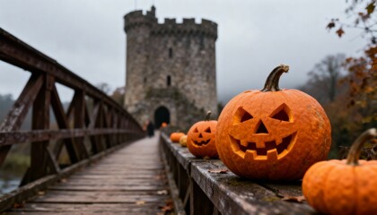 Jack-o'-lanterns on a Bridge to a Medieval Castle