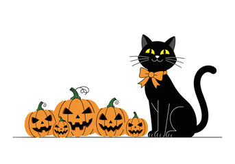 A spooky black cat sits beside a row of carved halloween pumpkins ready for trick or treaters