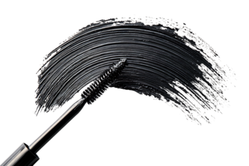 Close up of black mascara brush and textured stroke on a black background