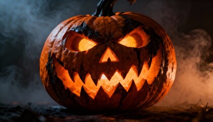 Glowing Evil Jack-o'-lantern in Smoky Halloween Night