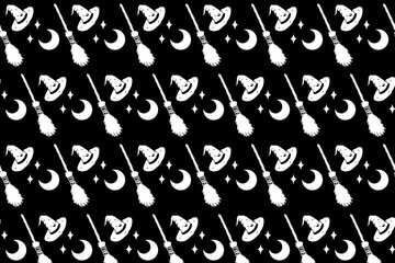 Seamless vector pattern with classic Halloween symbols, including witch hats, broomsticks, and moons. Perfect for backgrounds, fabrics, and digital paper.