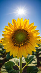 Obraz premium A vibrant sunflower in full bloom under a bright sunny sky, showcasing its yellow petals and dark center with a field of sunflowers in the background