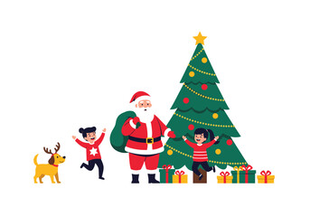 Santa claus enjoying christmas eve with his children and his loyal reindeer next to a decorated christmas tree filled with presents