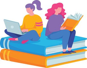Two women sitting on books one with laptop one reading a book