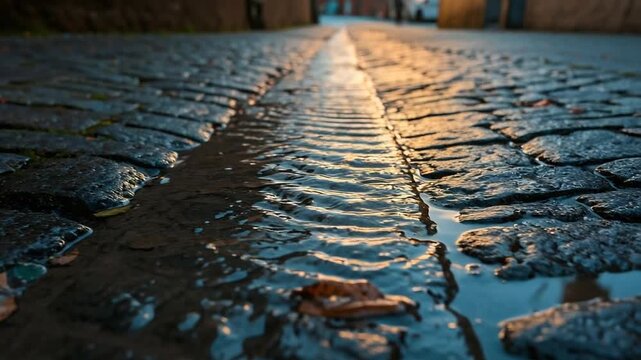 Atmospheric LowAngle View of Water Flowing on an Ancient Wet Cobblestone Alley at Sunset.