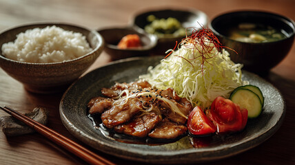 木の卓上で豚の生姜焼き定食一式の構図