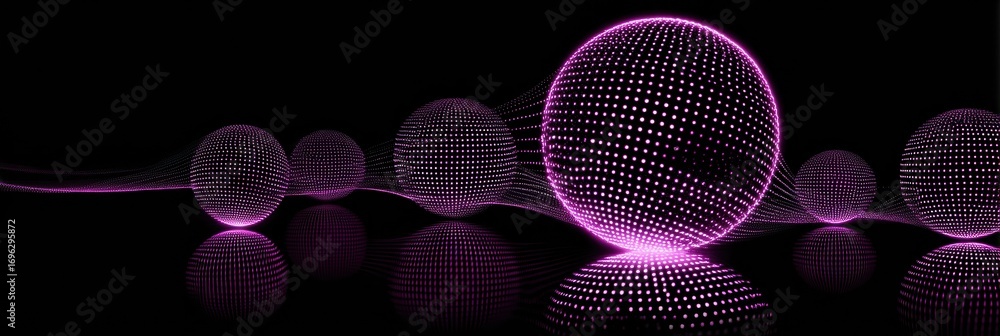 Poster glowing spheres create mesmerizing patterns in a digital landscape with vibrant pink colors and soft