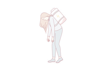 Low energy and tiredness concept. Young stressed tired woman standing with low battery as backpack on back feeling down vector illustration