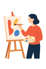 Inspired female artist creating a colorful abstract painting on a canvas with an easel