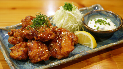 チキン南蛮タルタルソースの定食皿盛り家庭風