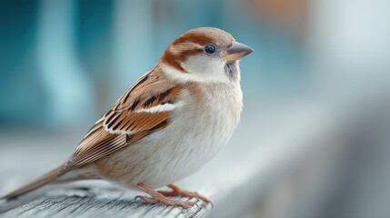 Detailed close-up of a perched sparrow showcasing its intricate feather details