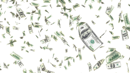 3d dollar bills falling transparent background