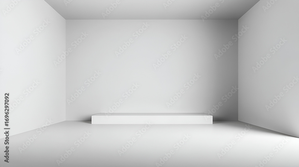 Poster a minimal white room with a raised rectangular platform in the center